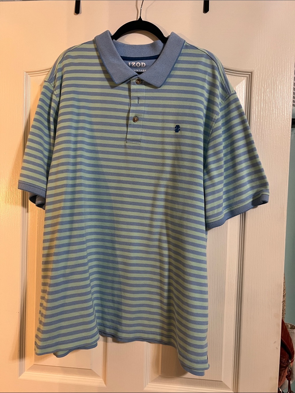 Izod Men’s Light Blue and Light Green Striped Polo Shirt